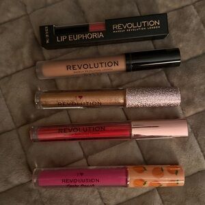 Revolution Lip Euphoria 5/$15 Collection- Peach, Pink, Red, Gold. Bundle of 5